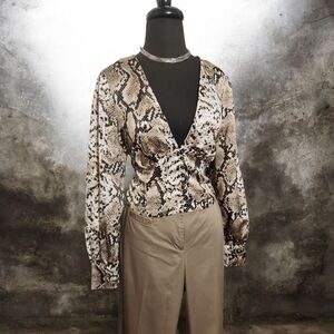 Fashion Nova Snake Print Blouse in Brown and Cream